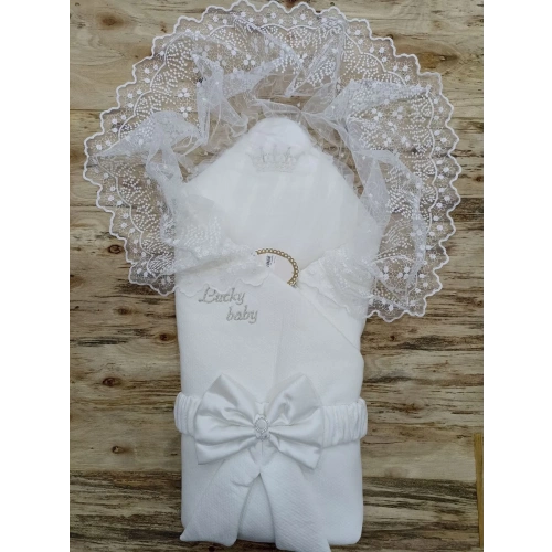Yenidoğan Sahra Taç Lucky Baby Nakışlı Kumru Kundak Bebek Battaniyesi Ekru