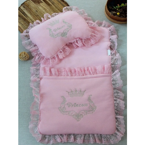 Yenidoğan Sahra Taç Nakışlı Trilüks 2li Alt Açma Seti Pembe