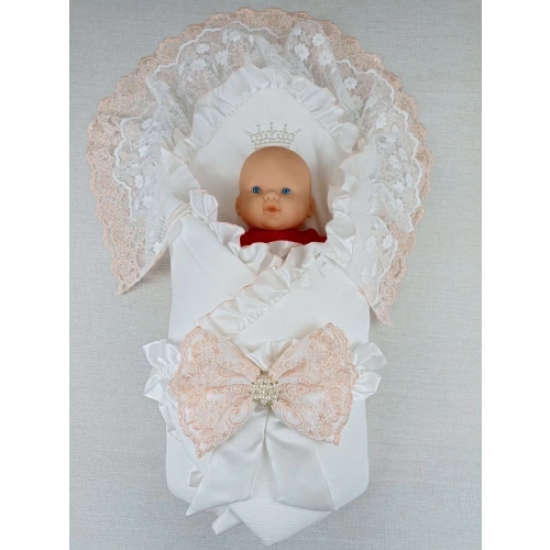 Yenidoğan Sahra Taç Nakışlı Trilüks Kundak Bebek Battaniyesi Ekru