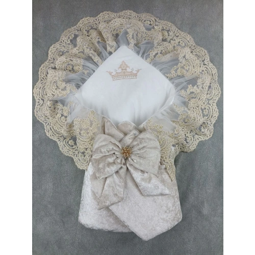 Yenidoğan Saray Kadife Taç Nakışlı İnci Fiyonklu Çift Dantel Duvak Trilüks Kundak Bebek Battaniyesi Vizon-gold