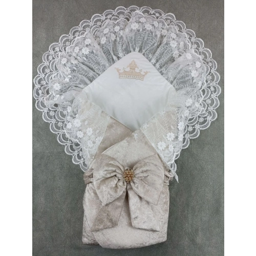 Yenidoğan Saray Kadife Taç Nakışlı İnci Fiyonklu Çift Dantel Duvak Trilüks Kundak Bebek Battaniyesi Vizon-ekru