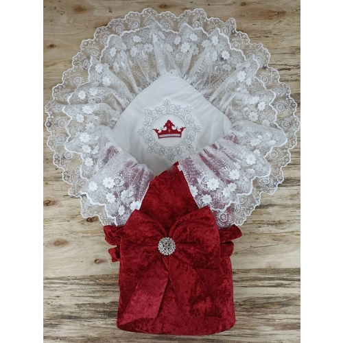 Yenidoğan Saray Kadife Taç Nakışlı İnci Fiyonklu Çift Dantel Duvak Trilüks Kundak Bebek Battaniyesi Bordo