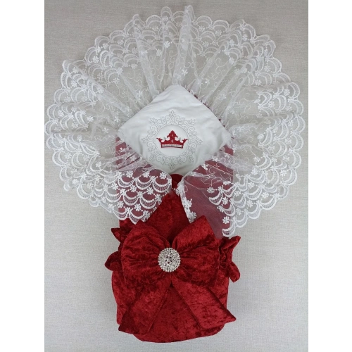 Yenidoğan Saray Kadife Taç Nakışlı İnci Fiyonklu Dantel Duvak Trilüks Kundak Bebek Battaniye Bordo