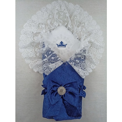 Yenidoğan Saray Kadife Taç Nakışlı İnci Fiyonklu Dantel Duvak Trilüks Kundak Bebek Battaniye Lacivert