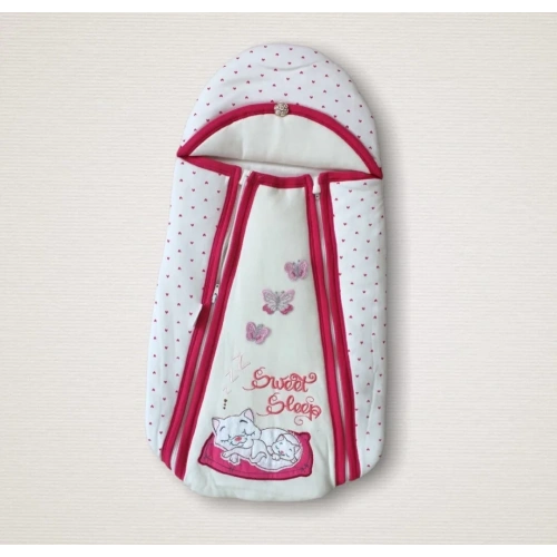 Yenidoğan Sevimli Uykucu Kedi Nakışlı Şapkalı Çift Fermuarlı Kız Bebek Kundak Bebek Battaniyesi Pembe