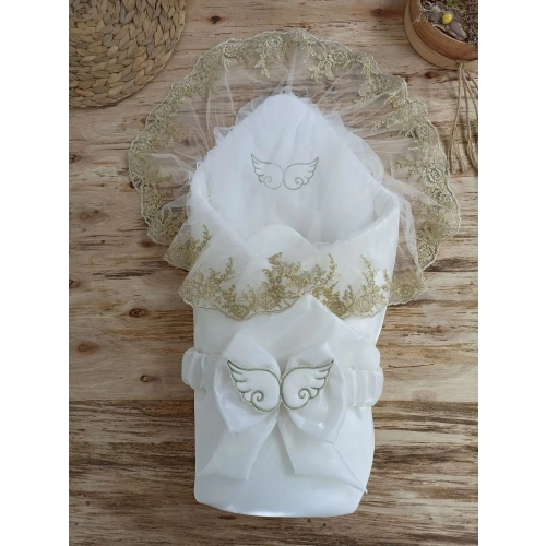 Yenidoğan Shine Kumru Melek Kanat Fiyonklu Gold Dantel Duvaklı Delüks Kundak Bebek Battaniyesi Ekru