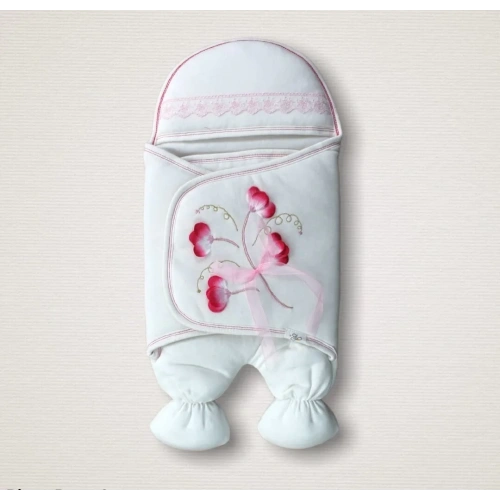 Yenidoğan Yapay Çiçek İşlemeli Şapkalı Lüks Kız Bebek Ayaklı Kundak Bebek Battaniyesi Ekru