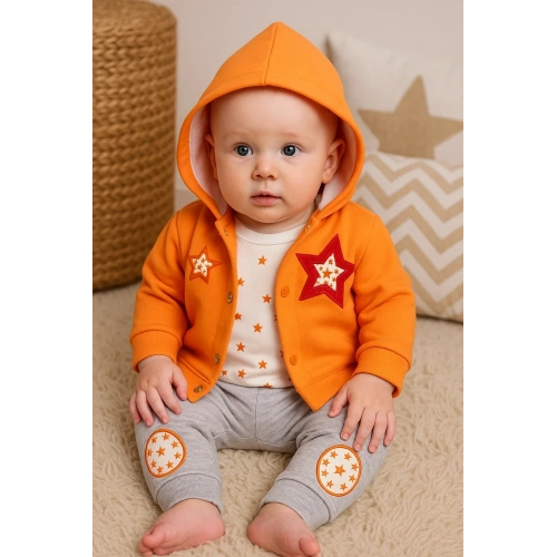 Yıldız Nakışlı Kapişonlu Kız Bebek Takımı