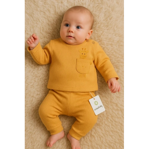 Zürafa Cep Nakışlı Omuzdan Düğmeli % 100 Pamuk Erkek Bebek Takım