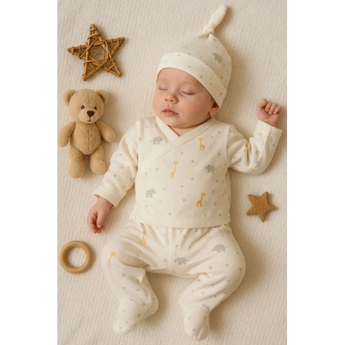 Zürafa Desenli 3 Parça Erkek Bebek Hastane Çıkışı % 100 Pamuk