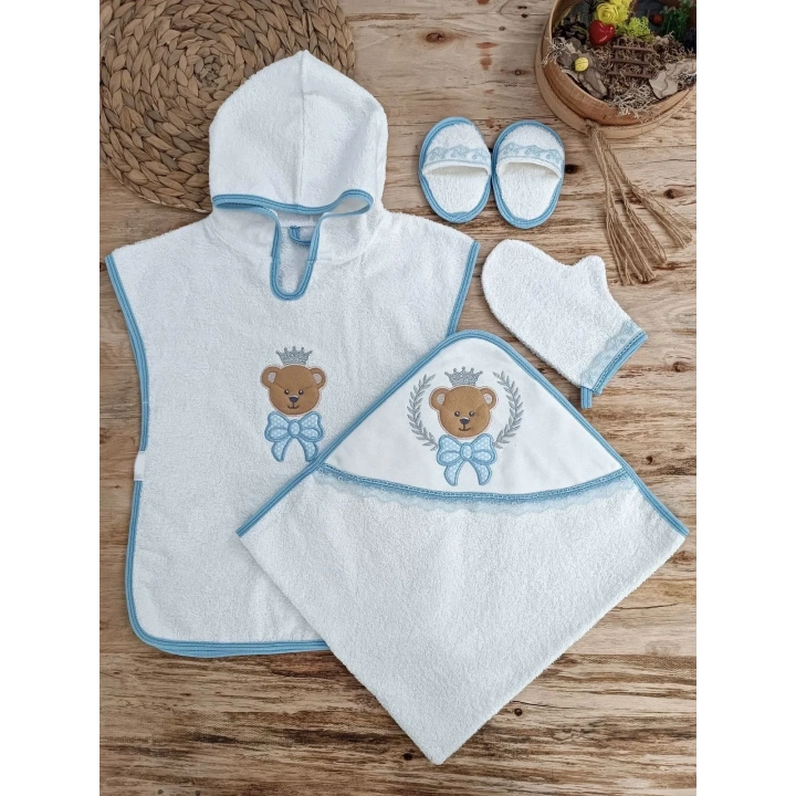 0-1 Yaş Bear Nakışlı Pareolu 4lü Erkek Bebek Havlu Silgi Takımı Mavi