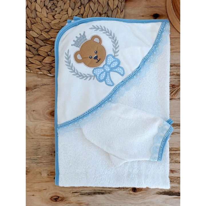 0-1 Yaş Bear Nakışlı Pareolu 4lü Erkek Bebek Havlu Silgi Takımı Mavi