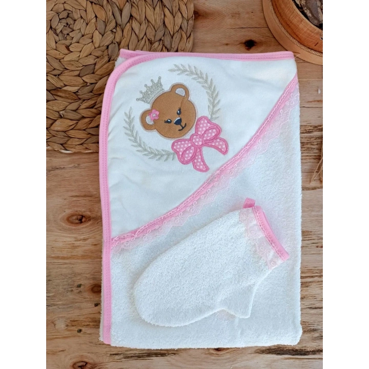 0-1 Yaş Bear Nakışlı Pareolu 4lü Kız Bebek Havlu Silgi Takımı Pembe