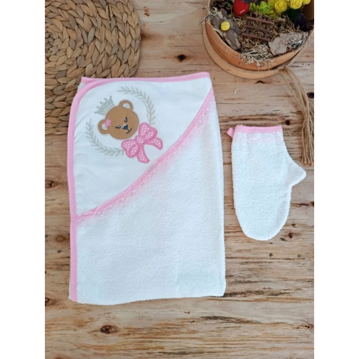 0-1 Yaş Bear Nakışlı Pareolu 4lü Kız Bebek Havlu Silgi Takımı Pembe