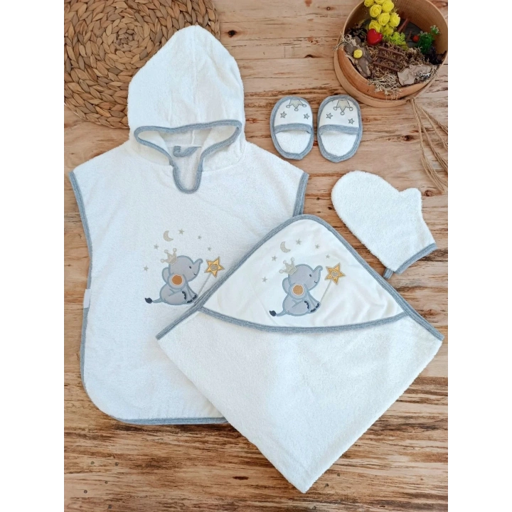 0-1 Yaş Sevimli Fil Nakışlı Pareolu 4lü Kız Erkek Bebek Havlu Silgi Takımı Ekru