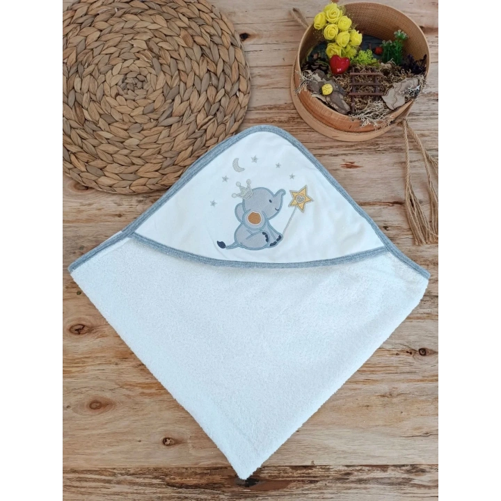 0-1 Yaş Sevimli Fil Nakışlı Pareolu 4lü Kız Erkek Bebek Havlu Silgi Takımı Ekru