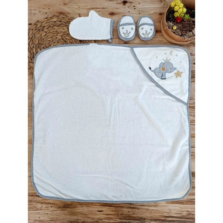 0-1 Yaş Sevimli Fil Nakışlı Pareolu 4lü Kız Erkek Bebek Havlu Silgi Takımı Ekru