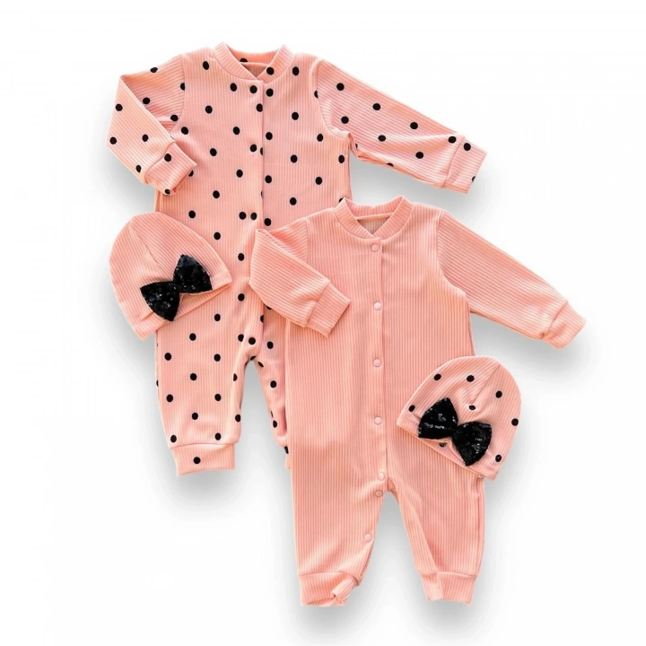 0-3 3-6 6-9 Ay Payetli Şapka Çıtçıt Kapamalı Puantiyeli Ve Düz 2 Li Kombin Kız Bebek Tulumları Somon