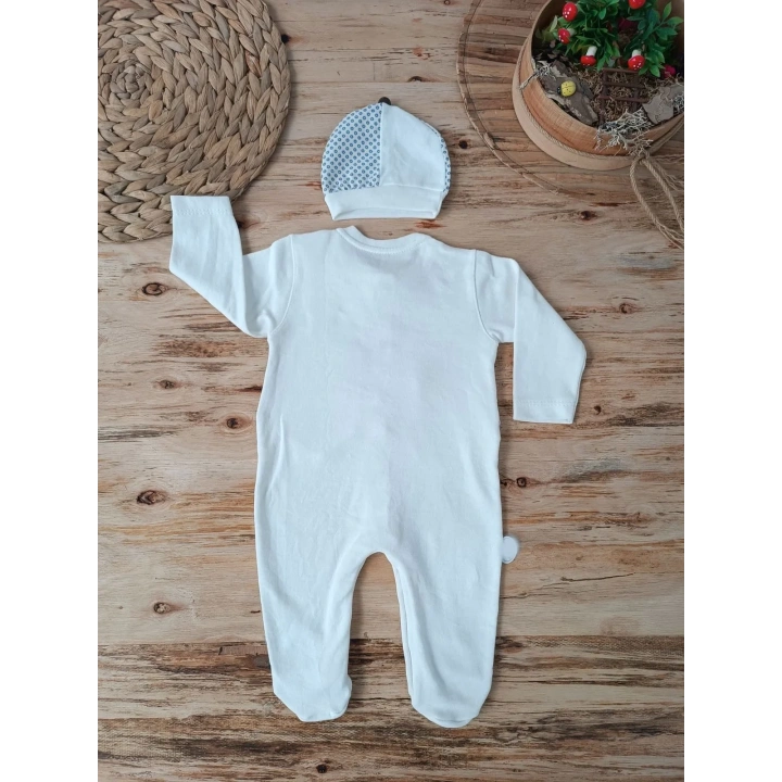 0-3 3-6 6-9 Ay Şapkalı Yelek Detaylı Boydan Çıtçıt Erkek Bebek Tulumu Ekru
