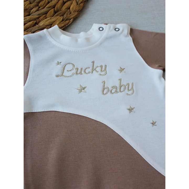 0-3 3-6 Ay Lucky Baby Nakışlı Es Çizgi Boy Şapkalı Erkek Bebek Tulumu Kahverengi