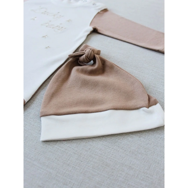 0-3 3-6 Ay Lucky Baby Nakışlı Es Çizgi Boy Şapkalı Erkek Bebek Tulumu Kahverengi