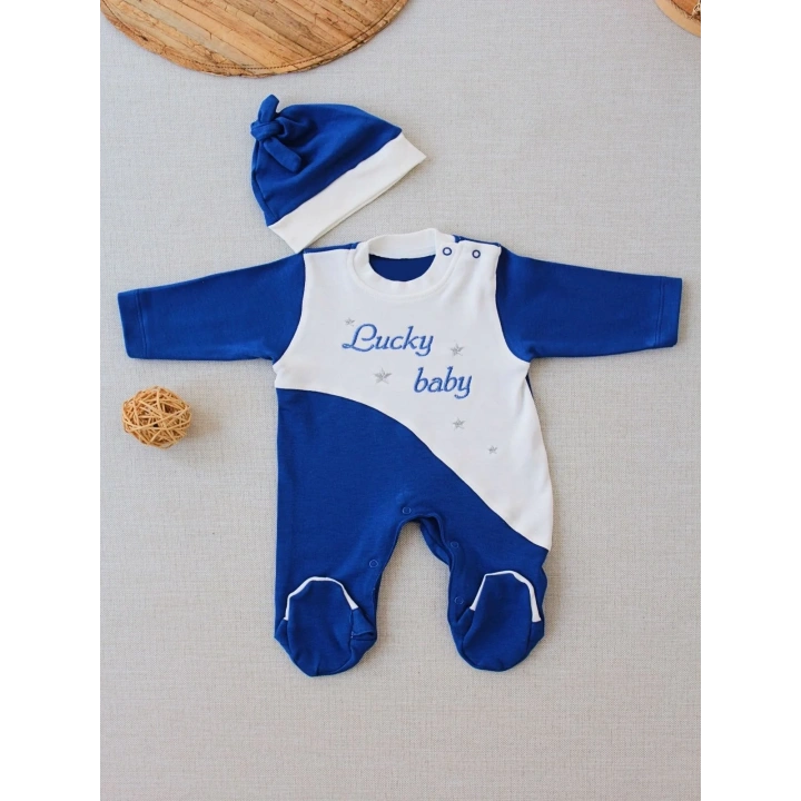 0-3 3-6 Ay Lucky Baby Nakışlı Es Çizgi Boy Şapkalı Erkek Bebek Tulumu Lacivert