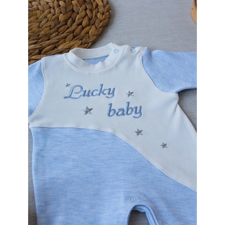 0-3 3-6 Ay Lucky Baby Nakışlı Es Çizgi Boy Şapkalı Erkek Bebek Tulumu Mavi