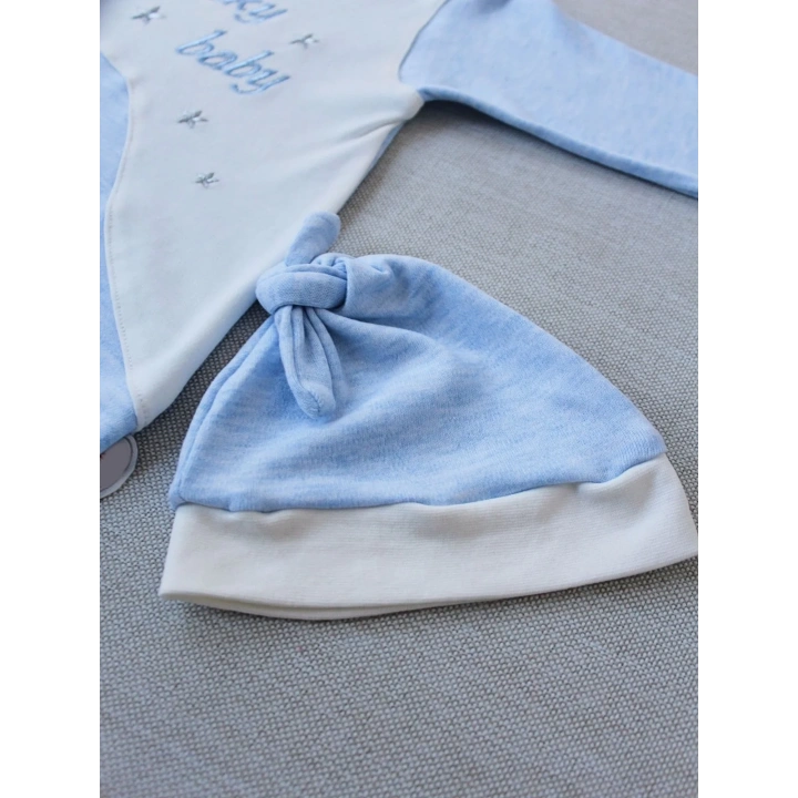 0-3 3-6 Ay Lucky Baby Nakışlı Es Çizgi Boy Şapkalı Erkek Bebek Tulumu Mavi