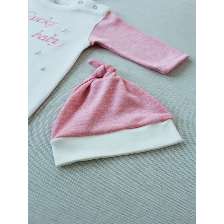 0-3 3-6 Ay Lucky Baby Nakışlı Es Çizgi Boy Şapkalı Kız Bebek Tulumu Pembe