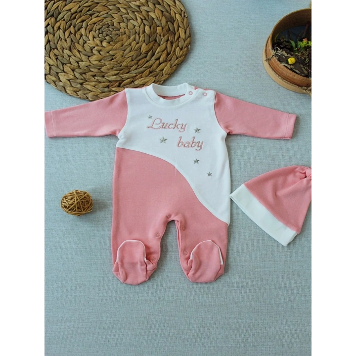0-3 3-6 Ay Lucky Baby Nakışlı Es Çizgi Boy Şapkalı Kız Bebek Tulumu Pudra