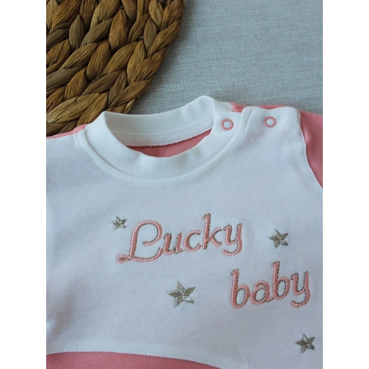 0-3 3-6 Ay Lucky Baby Nakışlı Es Çizgi Boy Şapkalı Kız Bebek Tulumu Pudra
