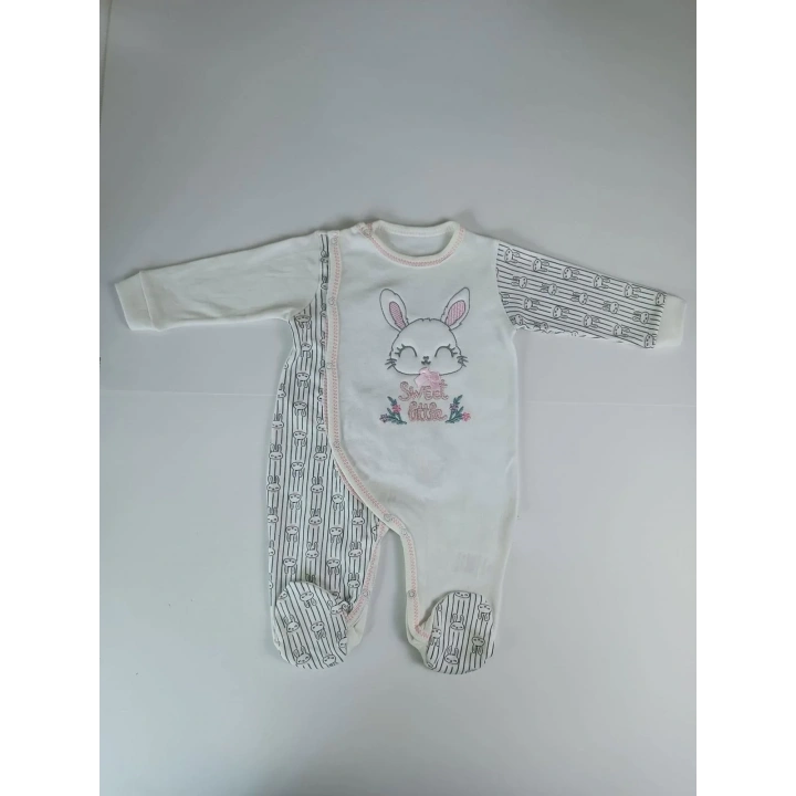 0-3 3-6 Ay Minik Tavşan Nakışlı Boydan Çıtçıt Kapamalı Kız Erkek Bebek Tulumu Ekru