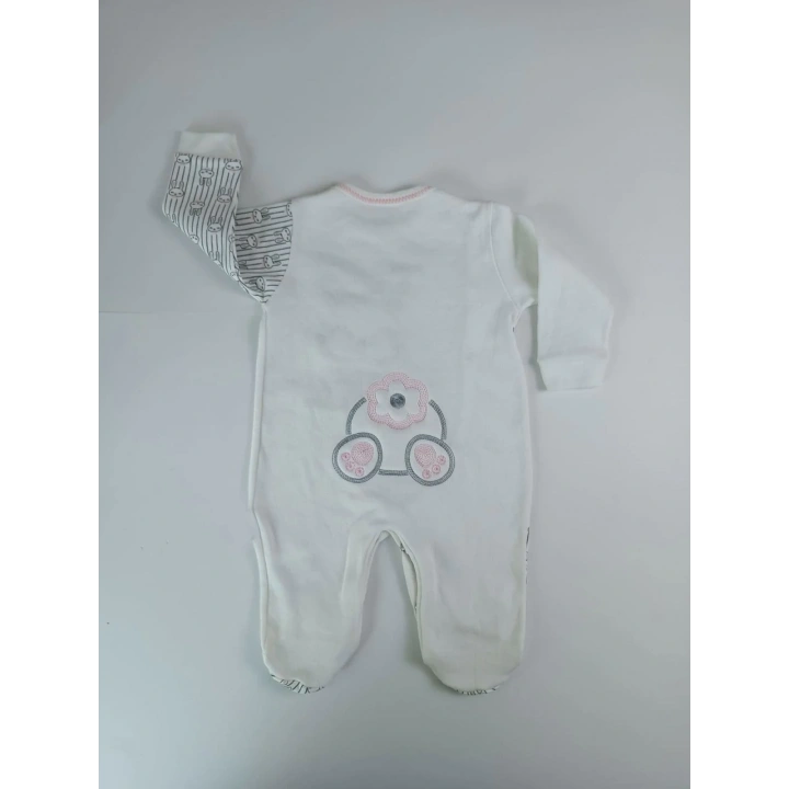 0-3 3-6 Ay Minik Tavşan Nakışlı Boydan Çıtçıt Kapamalı Kız Erkek Bebek Tulumu Ekru