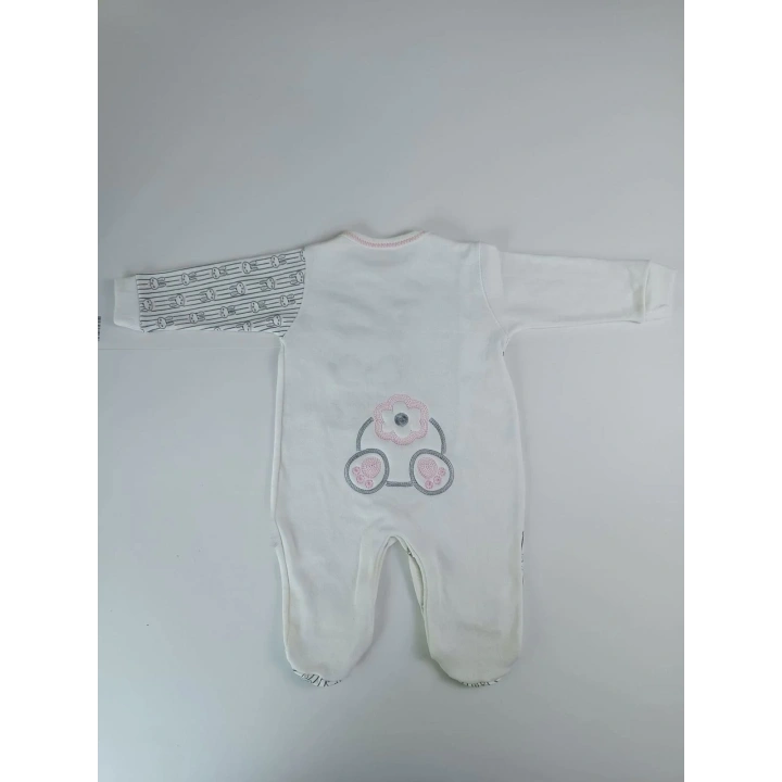 0-3 3-6 Ay Minik Tavşan Nakışlı Boydan Çıtçıt Kapamalı Kız Erkek Bebek Tulumu Ekru