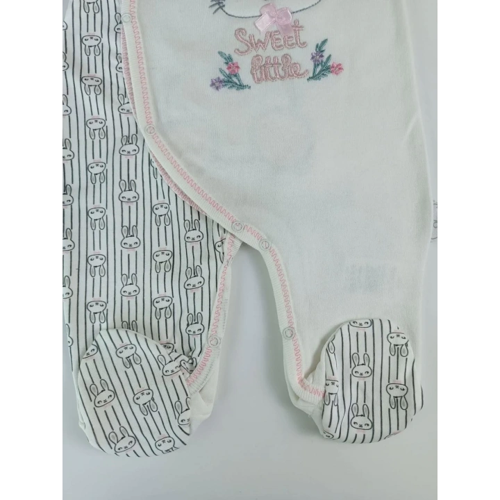 0-3 3-6 Ay Minik Tavşan Nakışlı Boydan Çıtçıt Kapamalı Kız Erkek Bebek Tulumu Ekru