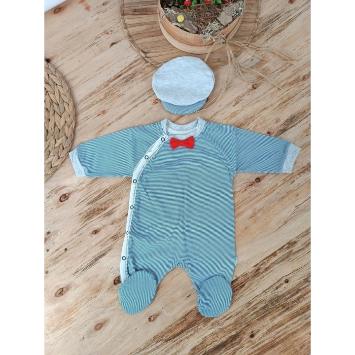 0-3 3-6 Ay Papyonlu Çizgi Desen Çıtçıt Kapama Kasketli Erkek Bebek Tulumu Lacivert