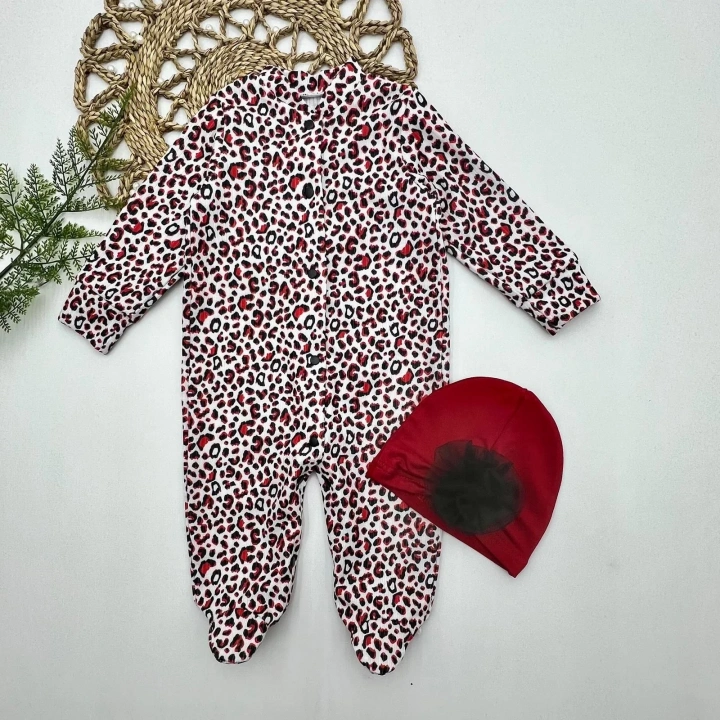 0-3-6-9 Ay Leopar Baskılı Tam Boy Çıtçıtlı Patikli Güllü Boneli Kız Bebek Tulumu Bordo