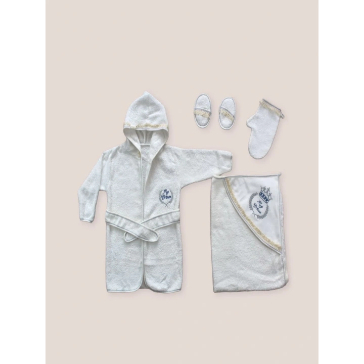 0-6 Ay Kaplan Nakışlı Bornozlu 5li Erkek Bebek Havlu Silgi Takımı Mavi