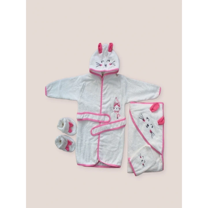 0-6 Ay Kedicik Nakışlı Bornozlu 5li Kız Bebek Havlu Silgi Takımı Fuşya