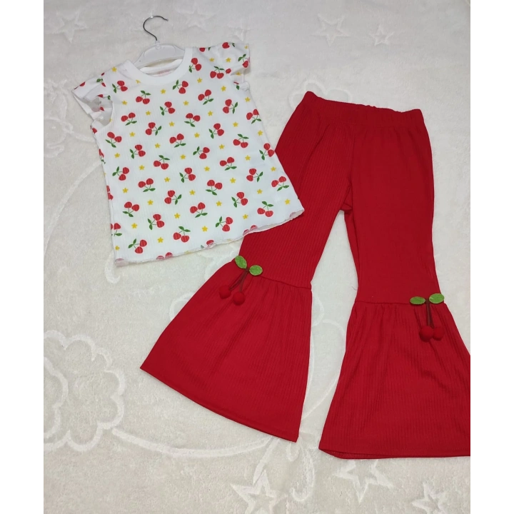 1-2-3-4 Yaş Kiraz Baskılı Tişört İspanyol Paçalı Likralı 2li Kız Çocuk Takımı Kırmızı