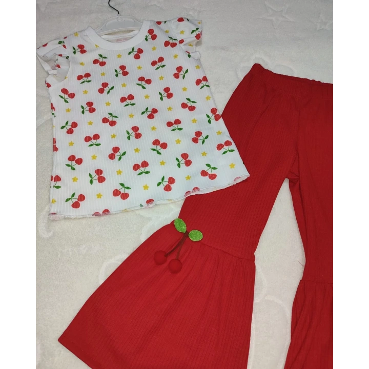 1-2-3-4 Yaş Kiraz Baskılı Tişört İspanyol Paçalı Likralı 2li Kız Çocuk Takımı Kırmızı