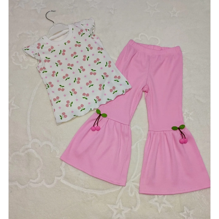 1-2-3-4 Yaş Kiraz Baskılı Tişört İspanyol Paçalı Likralı 2li Kız Çocuk Takımı Pembe