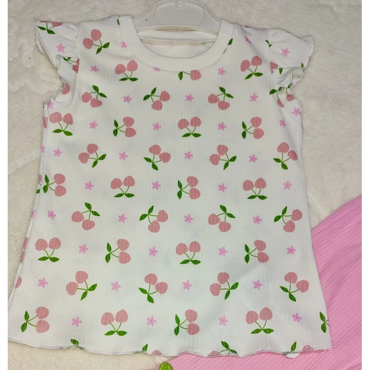 1-2-3-4 Yaş Kiraz Baskılı Tişört İspanyol Paçalı Likralı 2li Kız Çocuk Takımı Pembe
