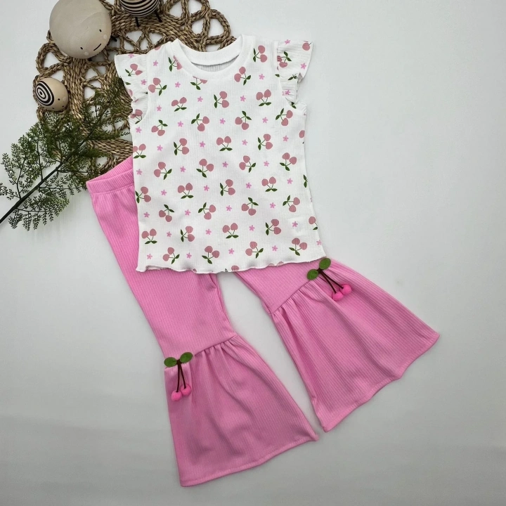 1-2-3-4 Yaş Kiraz Baskılı Tişört İspanyol Paçalı Likralı 2li Kız Çocuk Takımı Pembe