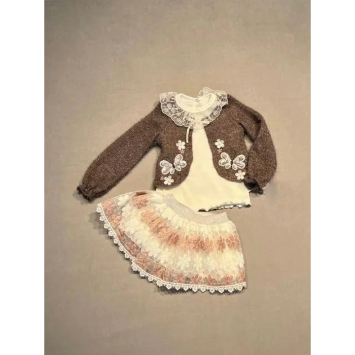 1-2-3 Yaş Brode Etekli Örme Hırkalı Uzun Kollu Sweat 3lü Kız Çocuk Takımı Kahverengi