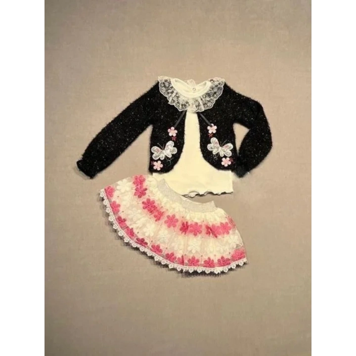 1-2-3 Yaş Brode Etekli Örme Hırkalı Uzun Kollu Sweat 3lü Kız Çocuk Takımı Siyah