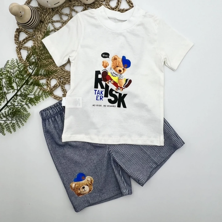 1-2-3 Yaş Kaykaycı Ayı Baskılı Şortlu Kısa Kollu Tişört 2li Erkek Bebek Takımı İndigo