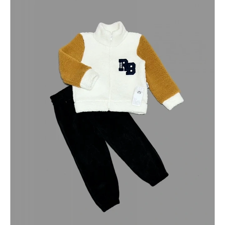 1-2-3 Yaş Kuzu Kumaş Fermuarlı Sweat Kadife Pantolonlu Uzun Kollu Kız Erkek Çocuk 2li Takım Siyah