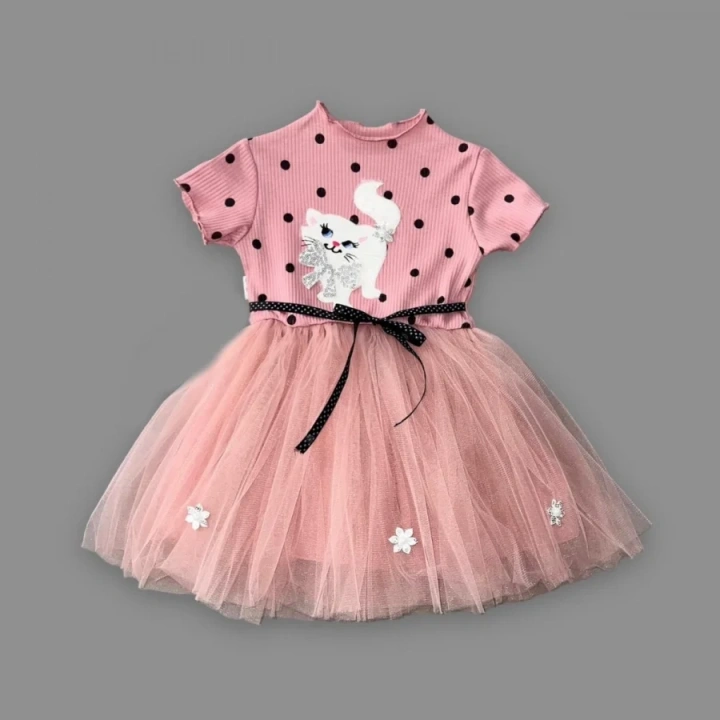 1-2-3 Yaş Payetli Kedicik Baskılı Puantiyeli Kız Bebek Elbisesi Gül Kurusu
