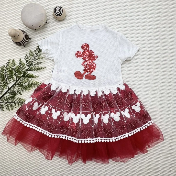 1-2-3 Yaş Payetli Mickey Baskılı Brode Etekli Kız Bebek Elbisesi Kırmızı